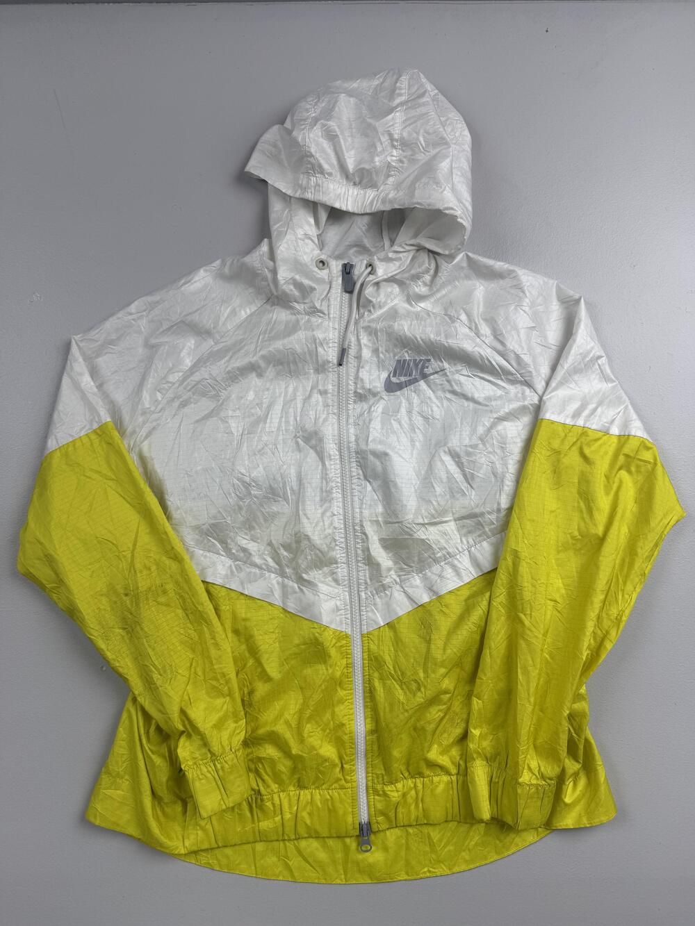 Nike Jacket Womens XL White Yellow Hooded Full Zip Windbreaker Lightweight Read